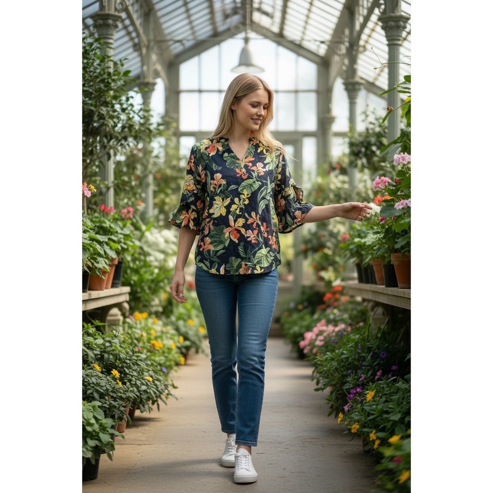 Chico's Tropical Floral V-Neck Blouse Ruffle Sleeve Blue Orchid Top Size 2 (L)